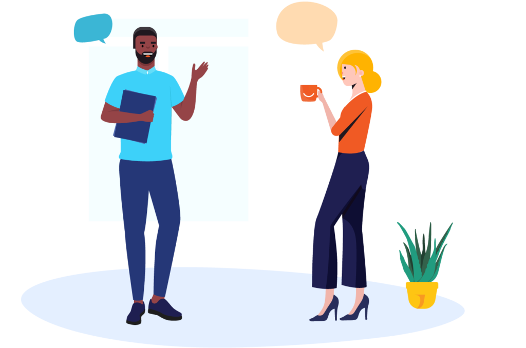 Colegas charlando y tomando un café