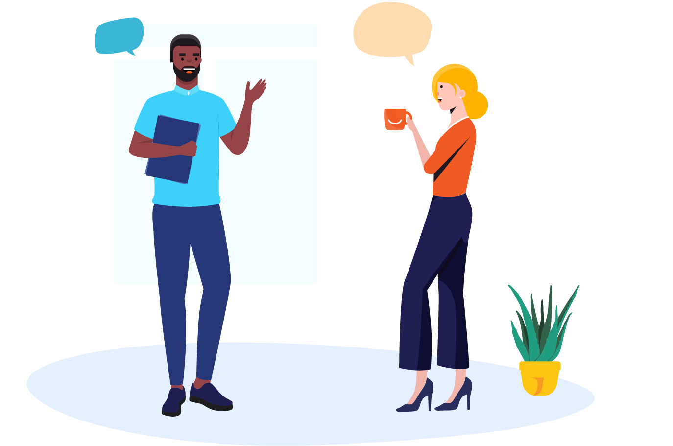 build-relationship Colleagues chatting over coffee in a Primalogik smiley mug