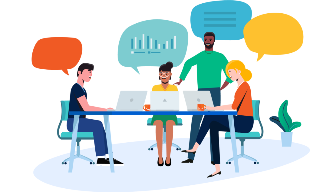 Colleagues collaborating at work around a table and sharing feedback