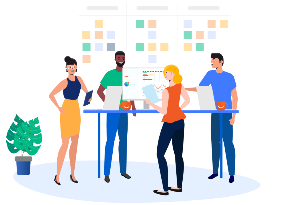 Empleados y gerentes que priorizan metas, objetivos y plazos