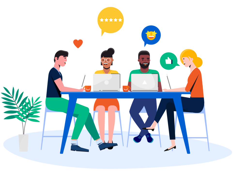 Happy employees at work completing an opinion survey