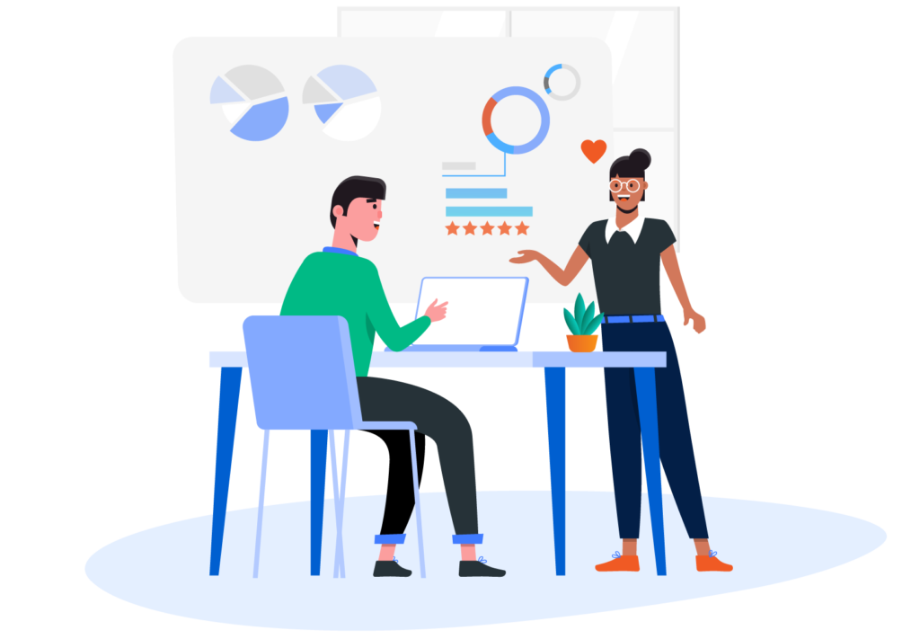 Colleagues analyzing employee surveys results