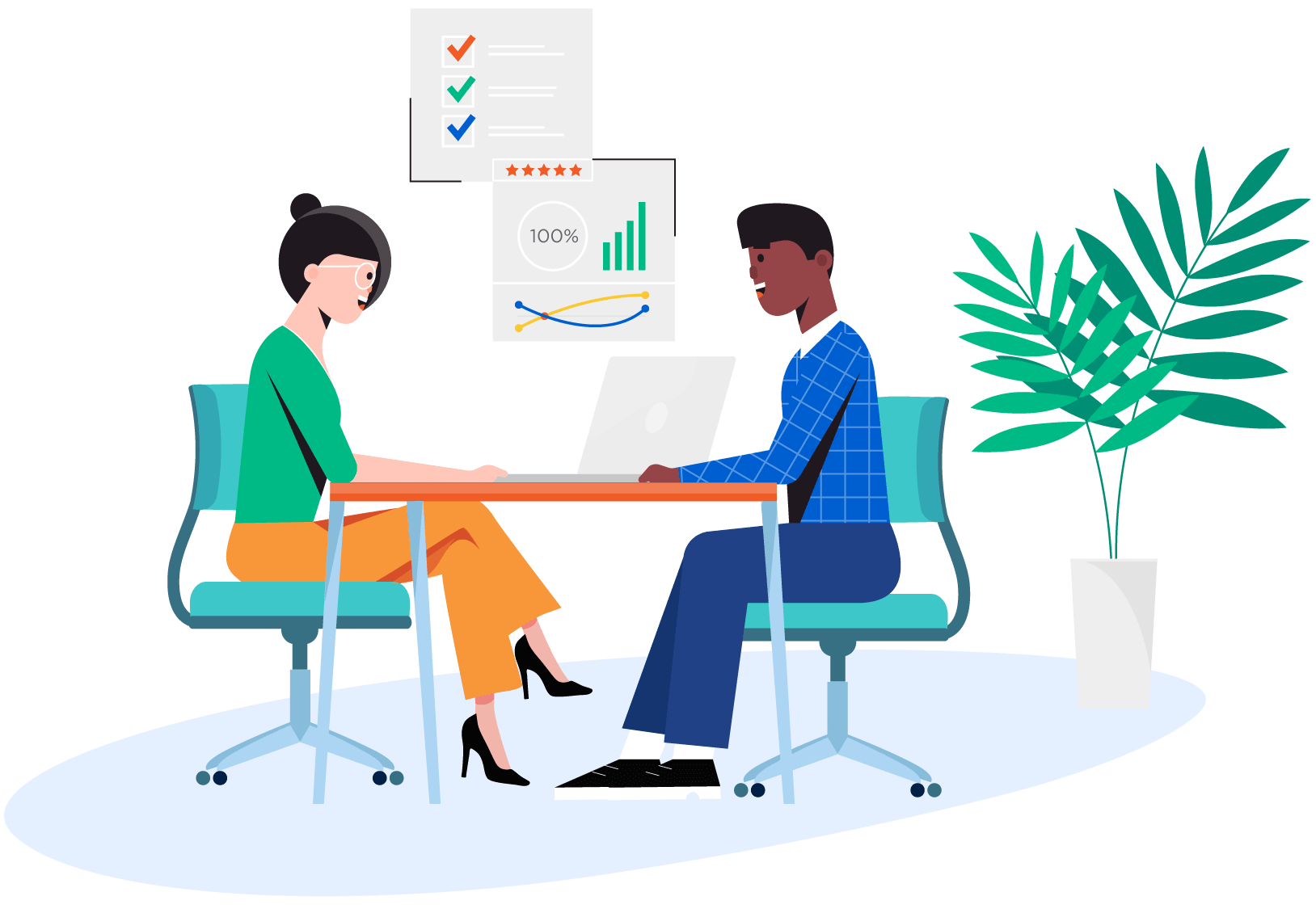 Gerente y empleado trabajando en una evaluación de desempeño