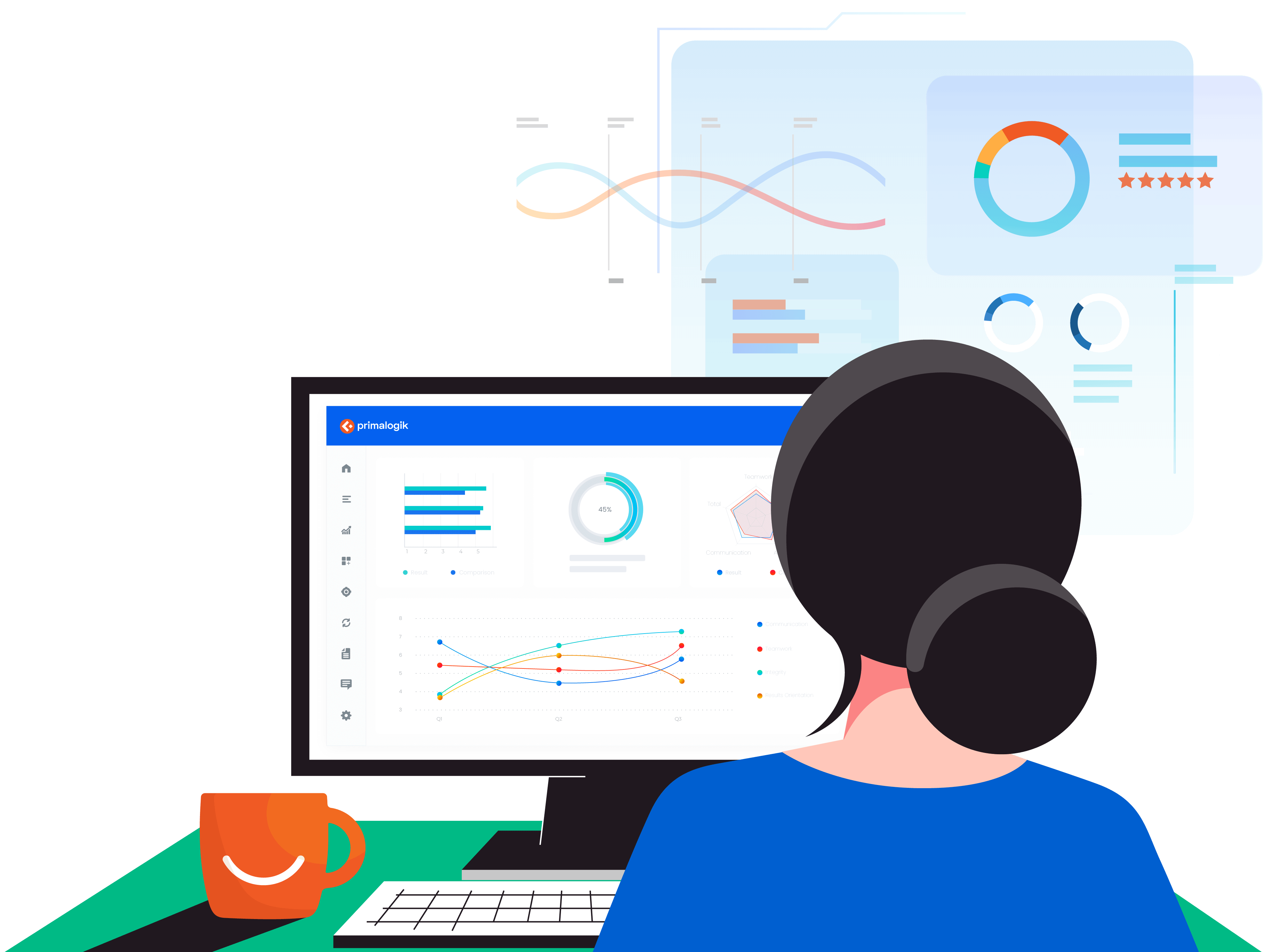 Employee reviewing analytics reports on a desktop computer