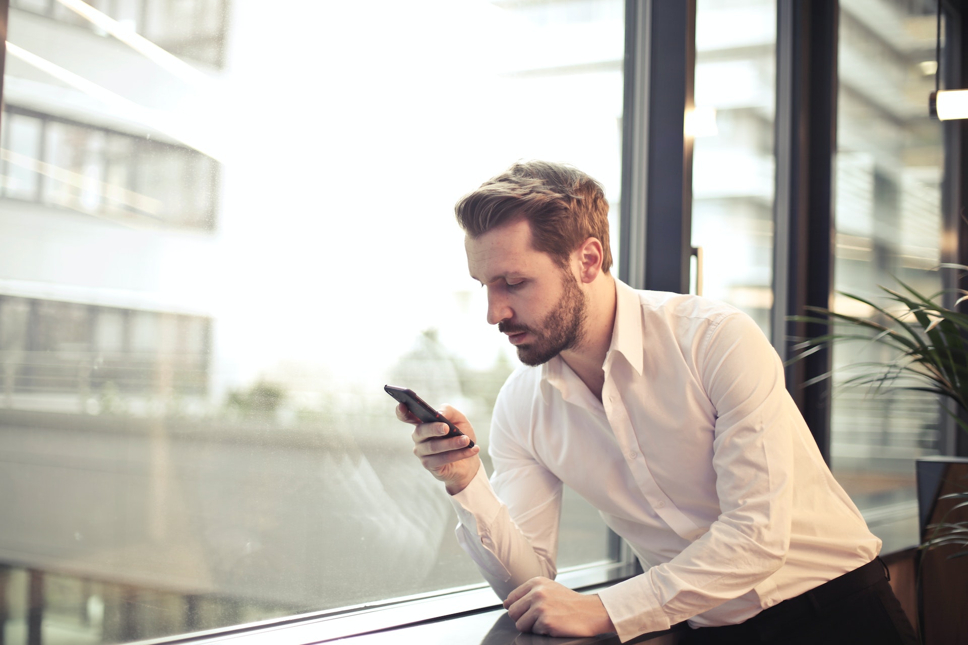 white-man-window-mobile-device Male employee looking at mobile device while career cushioning