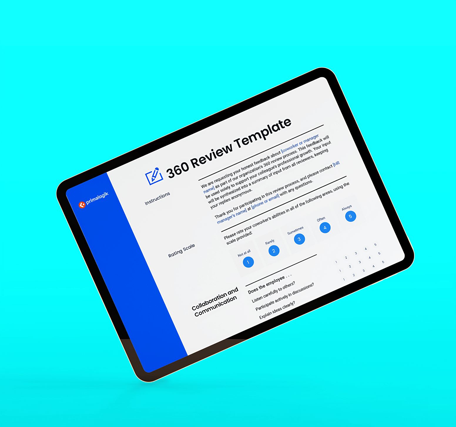 An iPad displaying Primalogik's 360 Review Template