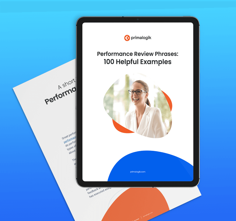 An iPad displaying the Performance Review Phrases: 100 Helpful Examples