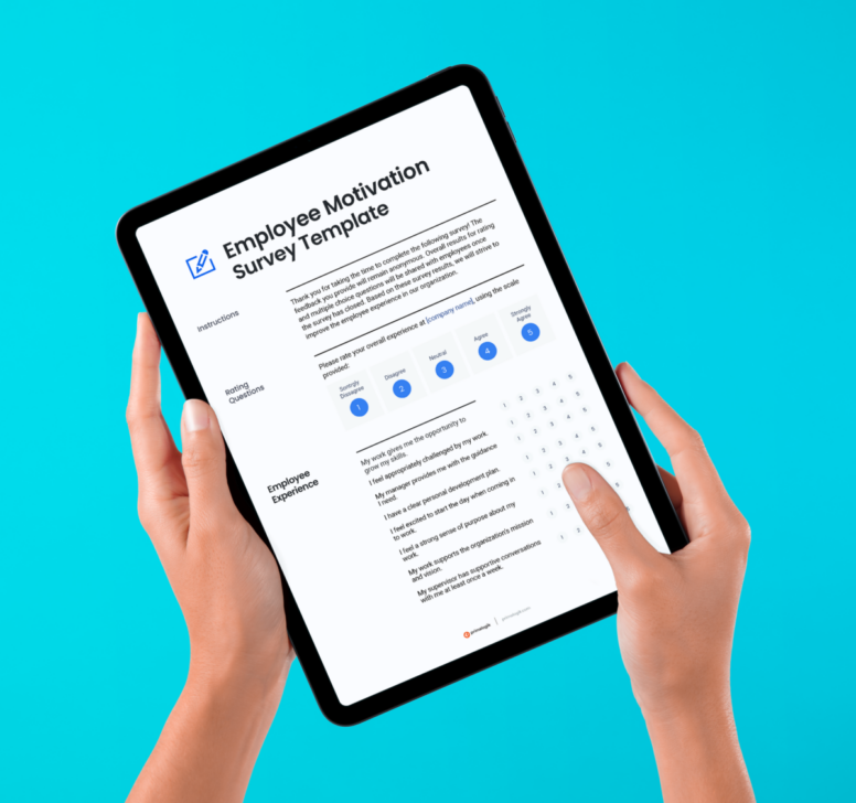 An iPad displaying an Employee Motivation Survey Template